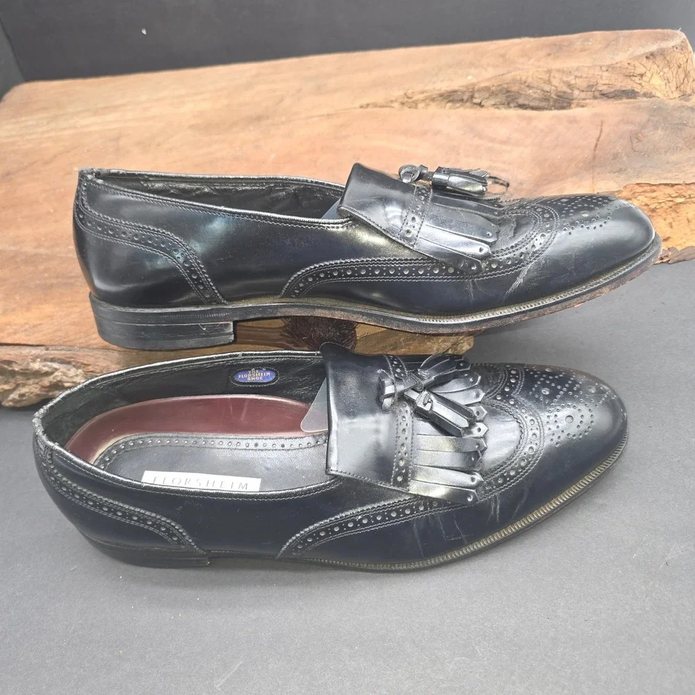 Classic Florsheim Tassel Kiltie Loafers Mens‎ 11.5 D Black Wingtip Brogue Shoes